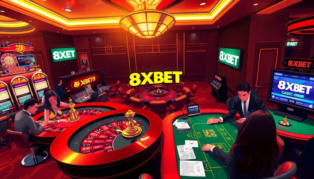 Experience the thrill of casino gaming at 8XBET with vibrant roulette tables and exciting slot machines.
