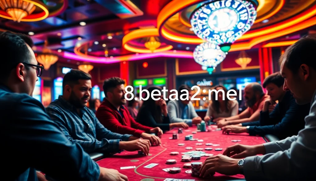 Players engage in a thrilling poker game at a vibrant casino featuring https://f8beta2.me/, capturing the essence of excitement.