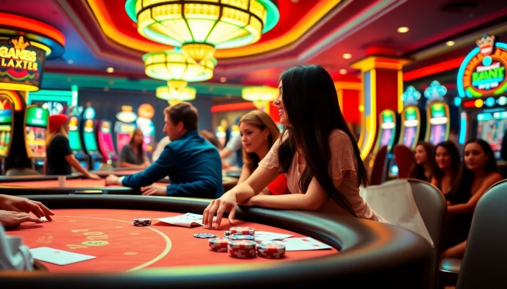 Enjoy the thrill of MB66 gaming with players engaging at vibrant casino tables and colorful slot machines.