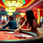 Enjoy the thrill of MB66 gaming with players engaging at vibrant casino tables and colorful slot machines.