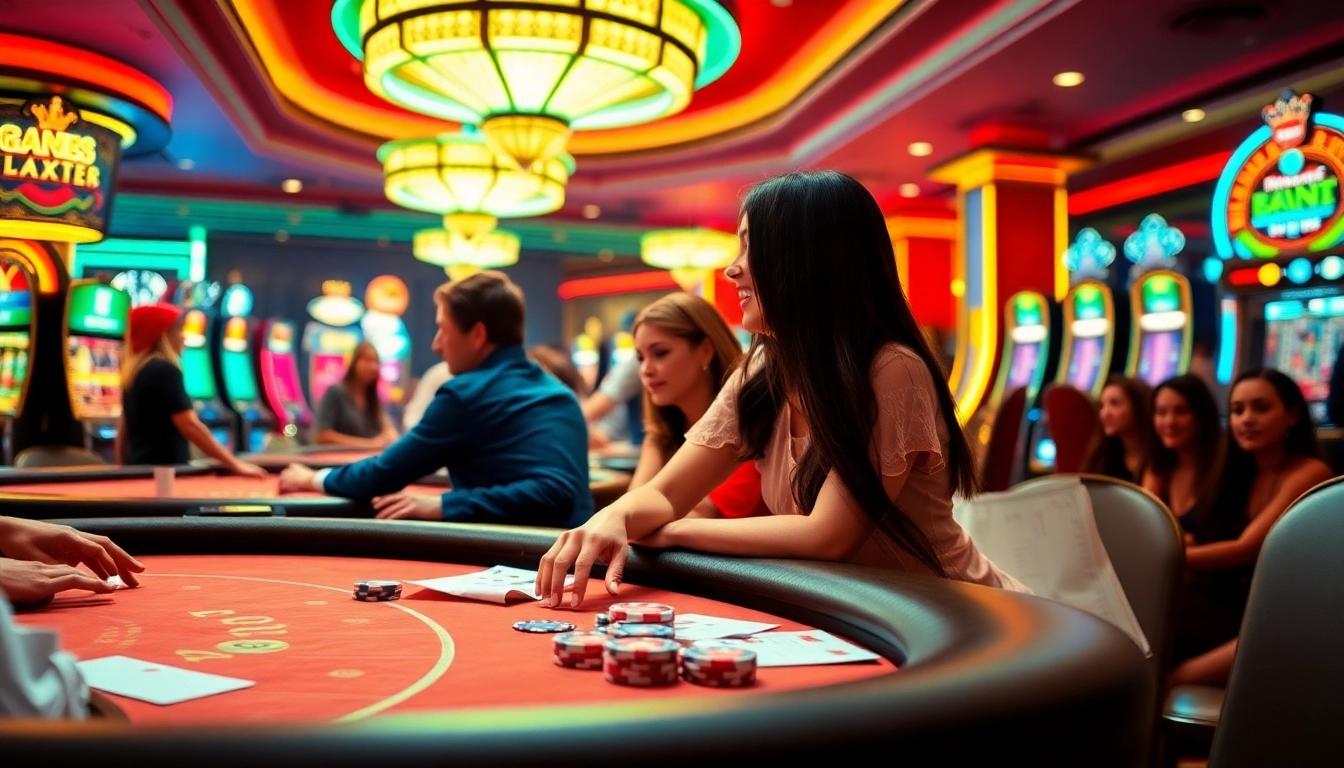 Enjoy the thrill of MB66 gaming with players engaging at vibrant casino tables and colorful slot machines.