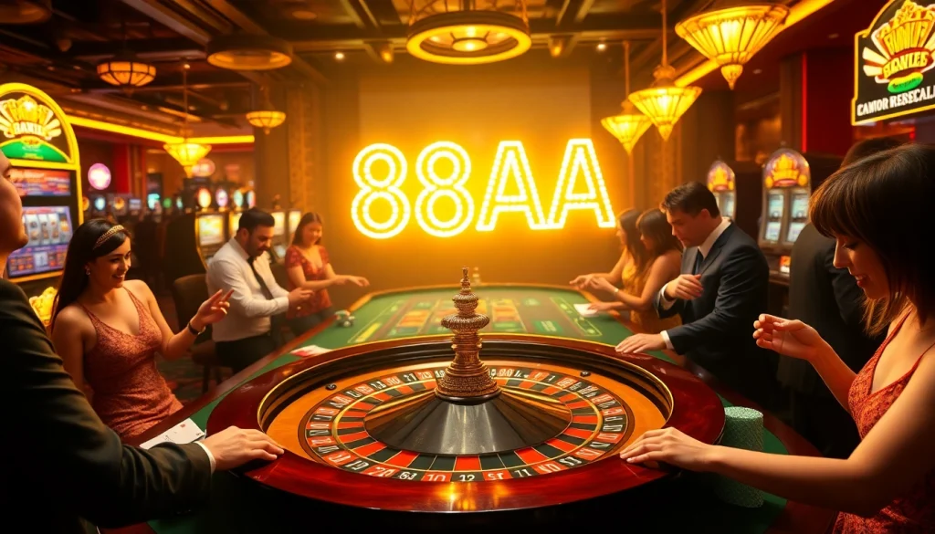 Exciting casino scene featuring players engaged at the roulette table, embodying the energy of 88AA gaming.