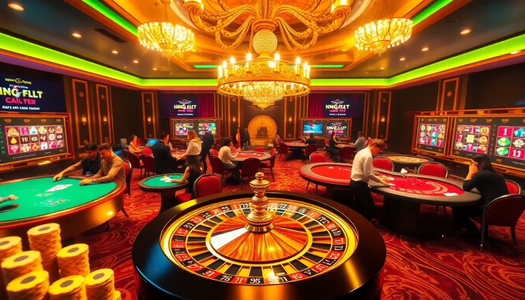 Thrilling casino atmosphere at https://new889.blue with players around a roulette table and poker chips.