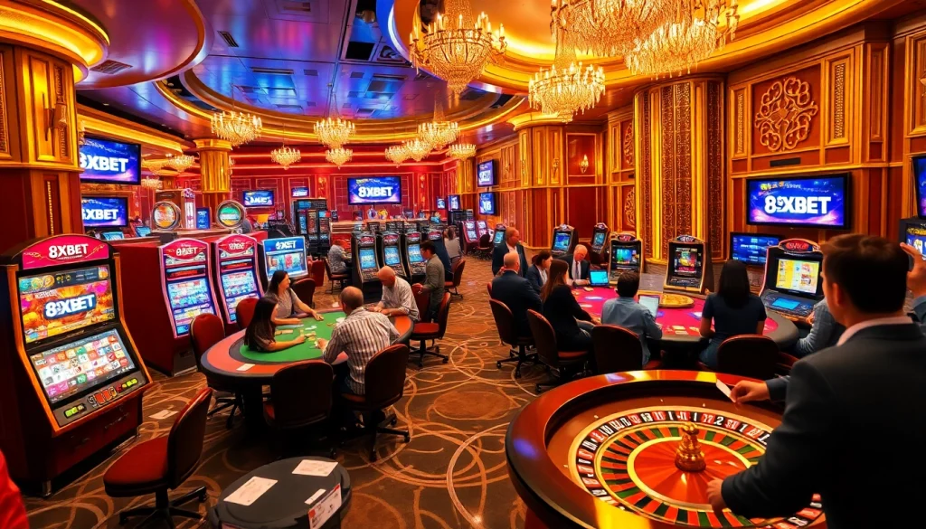 Exciting 8XBET casino gaming scene with poker players, vibrant slot machines, and roulette.
