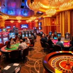 Exciting 8XBET casino gaming scene with poker players, vibrant slot machines, and roulette.