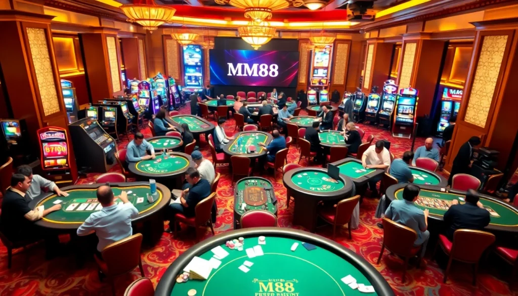 Players at MM88 casino engage in high-stakes poker gameplay amidst vibrant slot machines.