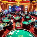 Players at MM88 casino engage in high-stakes poker gameplay amidst vibrant slot machines.