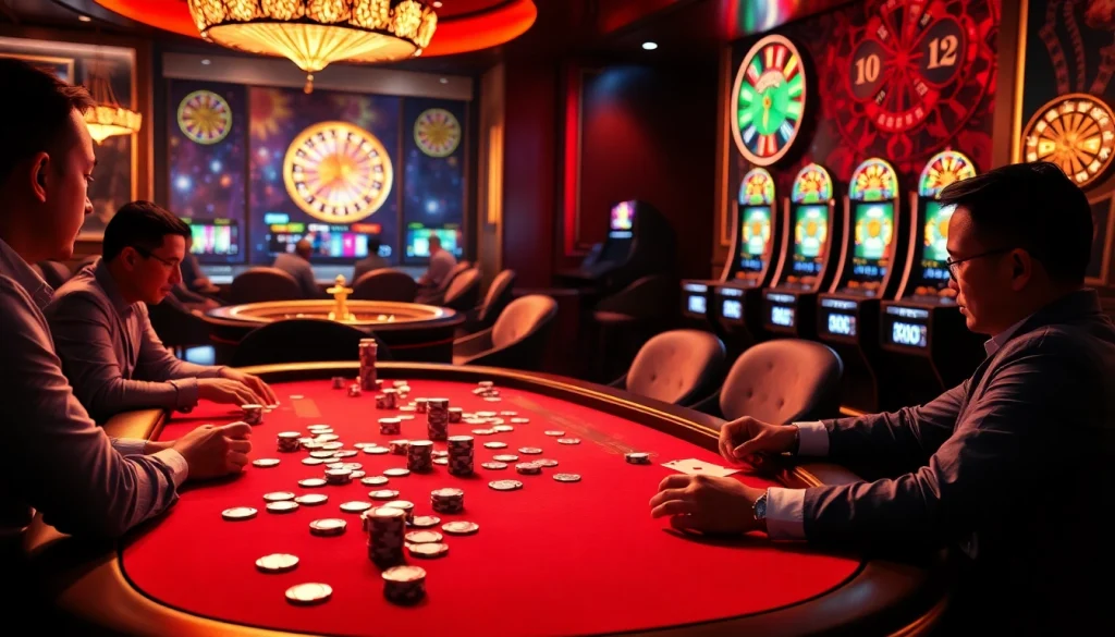 Players enjoy a thrilling poker game at https://mm88.sa.com/ with vibrant chips and cards, capturing casino excitement.