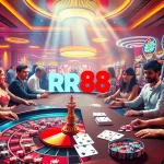RR88 casino scene featuring excited players, roulette table, and vibrant slot machines.