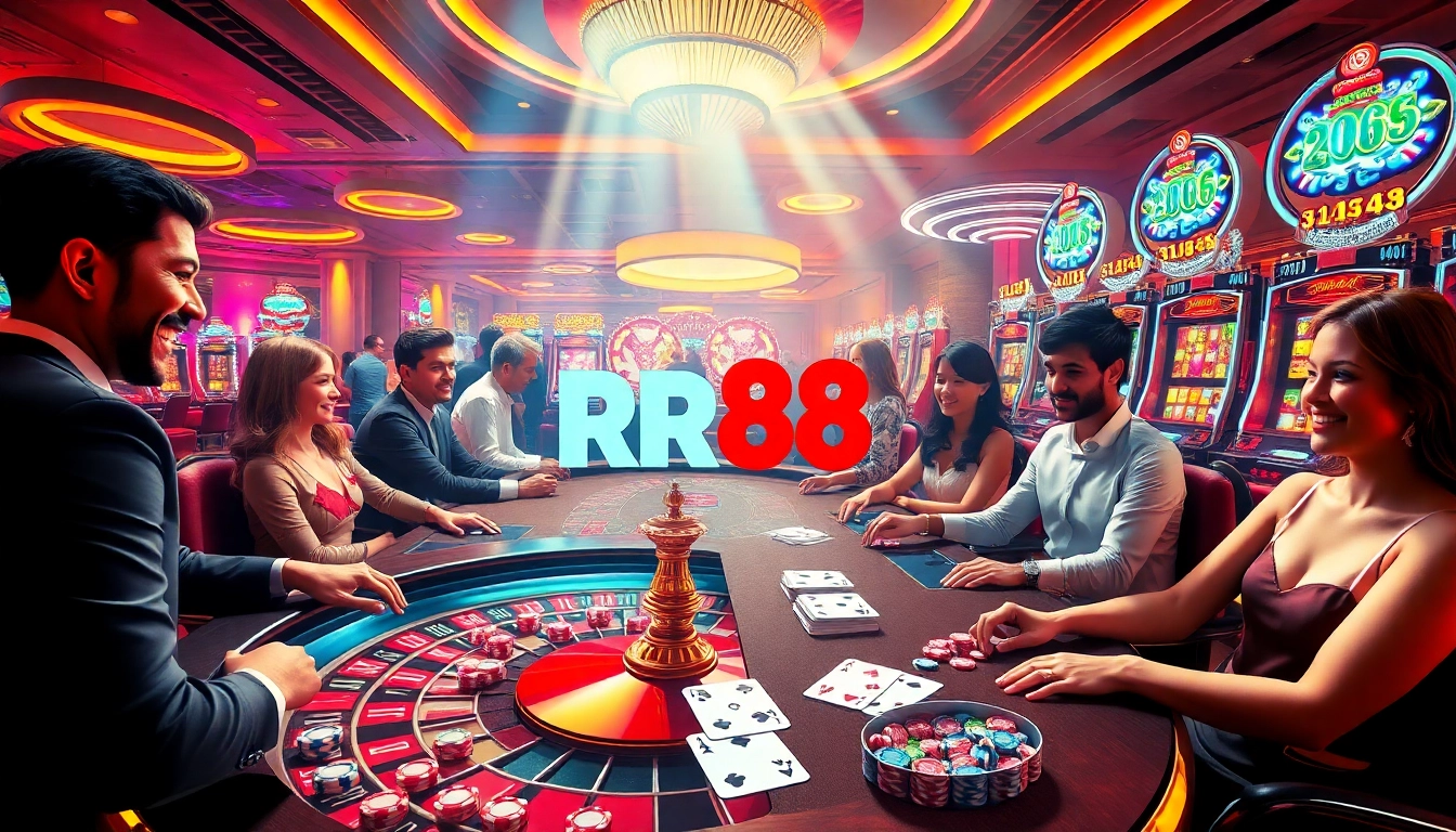 RR88 casino scene featuring excited players, roulette table, and vibrant slot machines.