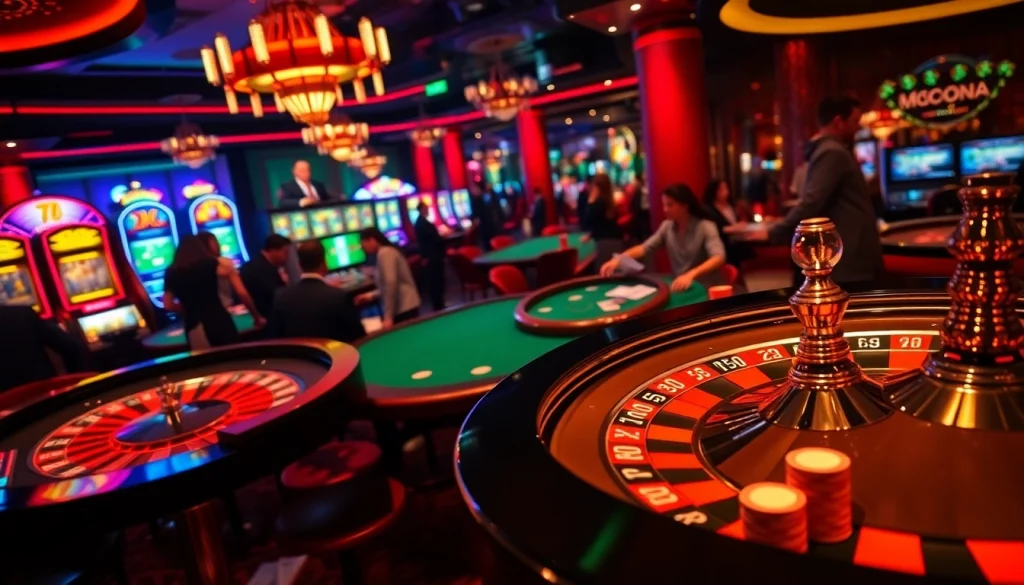 Players experiencing the excitement of gambling at 79king.com in a lively casino setting with roulette and slot machines.