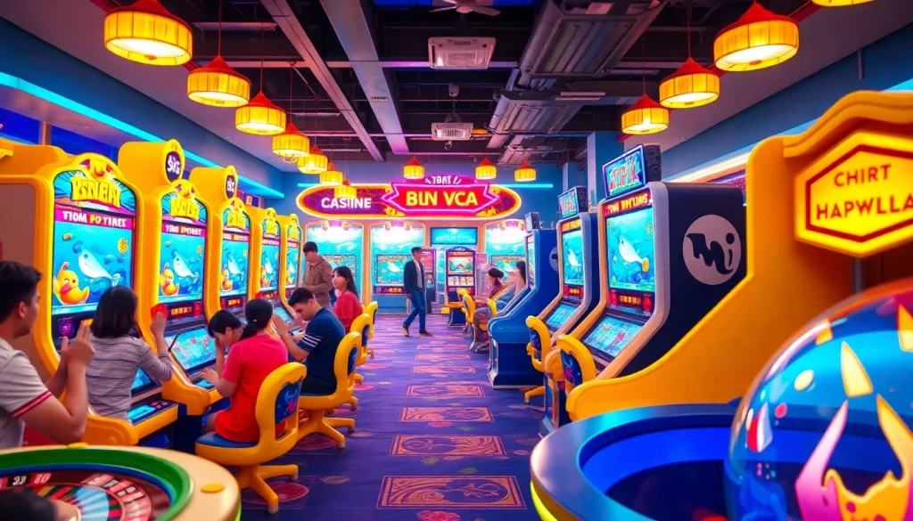 Bắn Cá Happyluke gaming scene with players winning big at vibrant arcade machines.