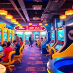 Bắn Cá Happyluke gaming scene with players winning big at vibrant arcade machines.