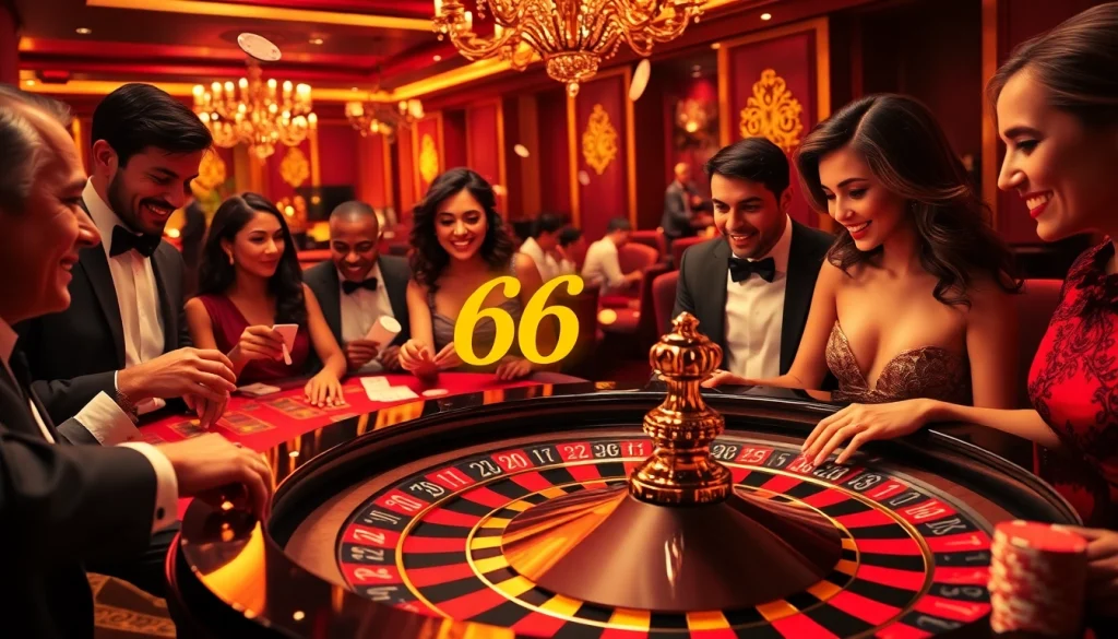 Players celebrating a win at a roulette table in a casino with glowing 66B branding.
