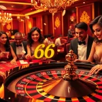 Players celebrating a win at a roulette table in a casino with glowing 66B branding.