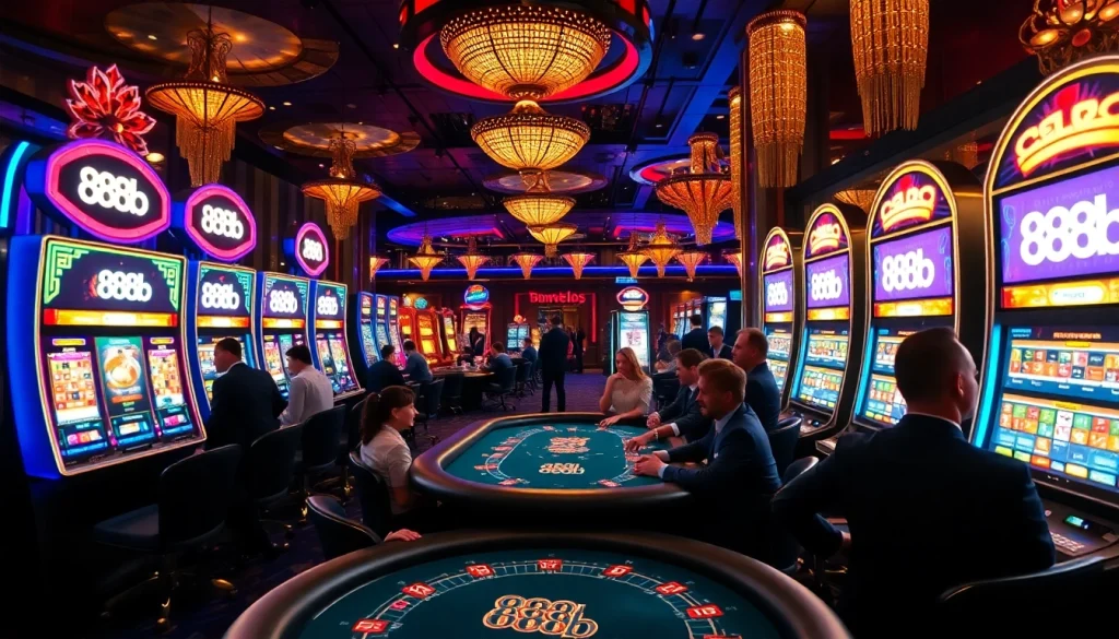 Gamblers enjoying the excitement at the luxurious 888b casino tables filled with poker chips and slot machines.