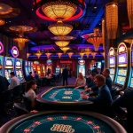 Gamblers enjoying the excitement at the luxurious 888b casino tables filled with poker chips and slot machines.