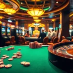 The e28 casino scene displays a lively poker table surrounded by engaged players and illuminated slot machines, showcasing the thrill of gambling.