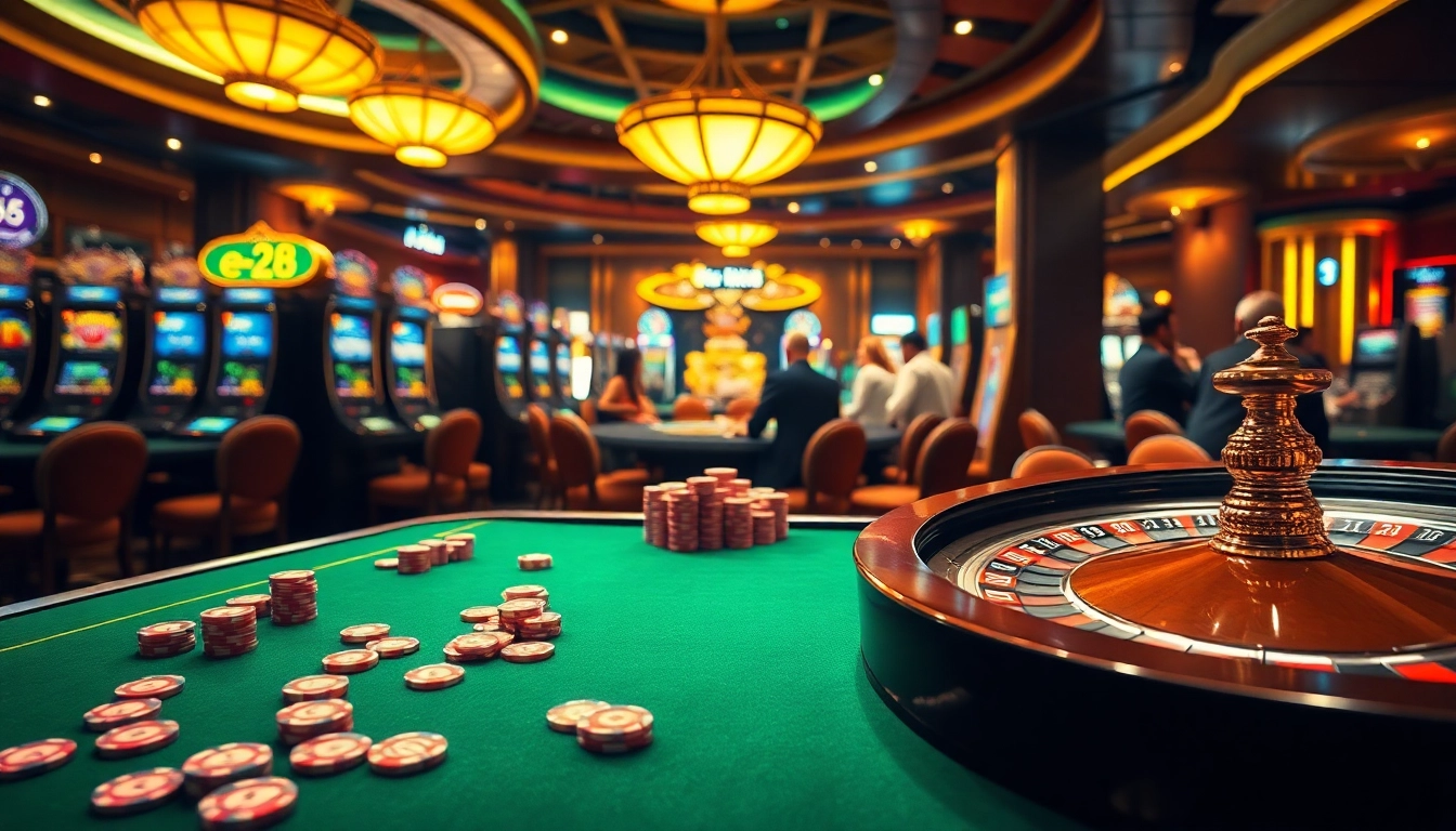The e28 casino scene displays a lively poker table surrounded by engaged players and illuminated slot machines, showcasing the thrill of gambling.