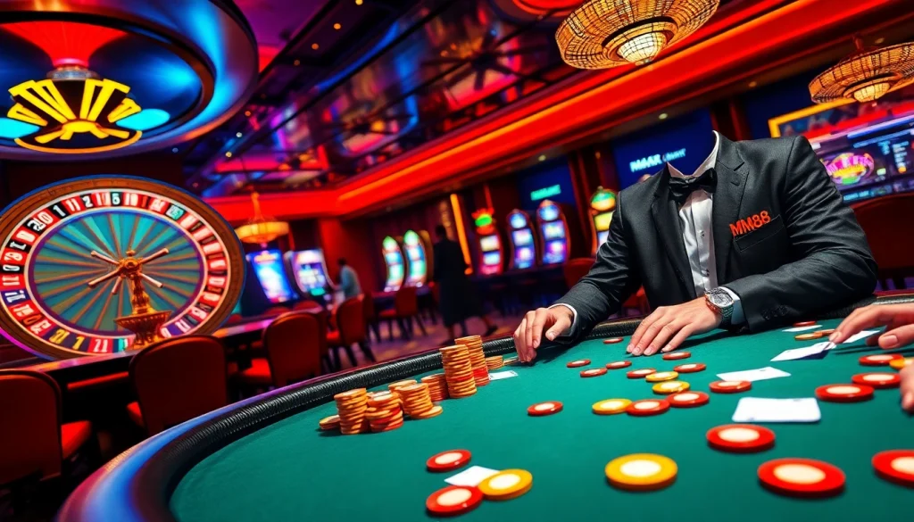 MM88 captures the thrill of a live poker game with colorful chips, intense players, and a spinning roulette wheel.