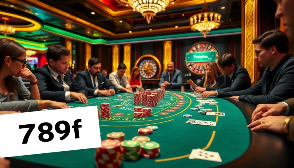 Exciting poker game at a high-stakes casino table, showcasing 789f branding, chips, and tense player expressions.