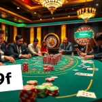 Exciting poker game at a high-stakes casino table, showcasing 789f branding, chips, and tense player expressions.