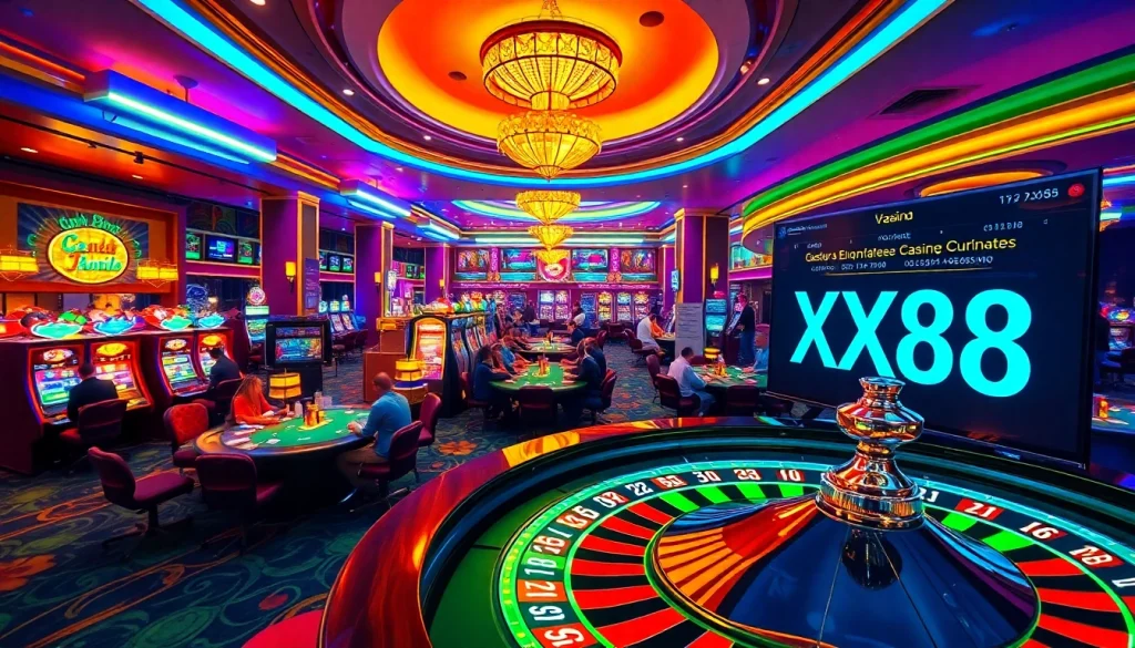 Experience the thrill of the casino with XX88 as players engage in vibrant games of luck at tables adorned with winning chips.