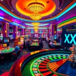 Experience the thrill of the casino with XX88 as players engage in vibrant games of luck at tables adorned with winning chips.