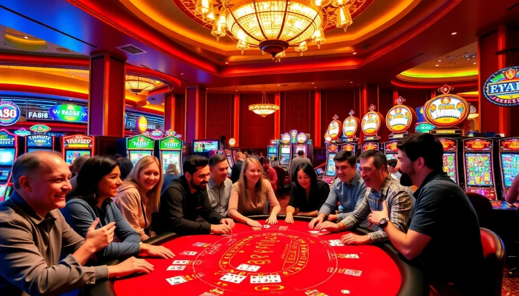 Experience the thrilling atmosphere of a FA88 casino with players at a blackjack table and vibrant slot machines.