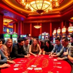 Experience the thrilling atmosphere of a FA88 casino with players at a blackjack table and vibrant slot machines.