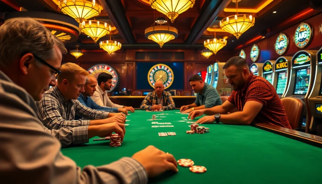 A thrilling KJC poker game showcases intense players surrounded by vibrant casino details like chips and cards.