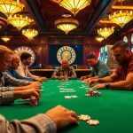 A thrilling KJC poker game showcases intense players surrounded by vibrant casino details like chips and cards.