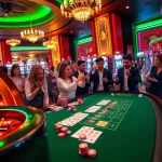 Xocdia88 table featuring lively players engaged in exciting gambling action, showcasing vibrant game chips.