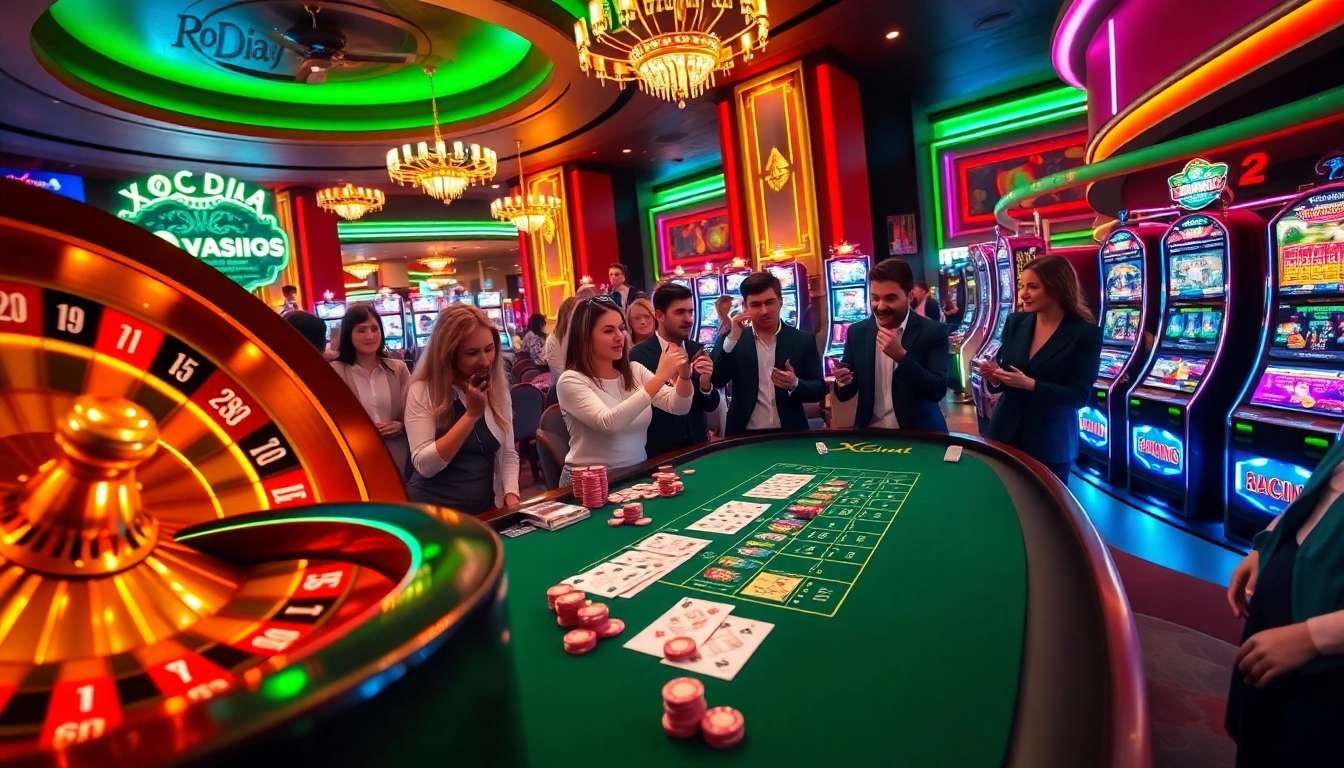 Xocdia88 table featuring lively players engaged in exciting gambling action, showcasing vibrant game chips.
