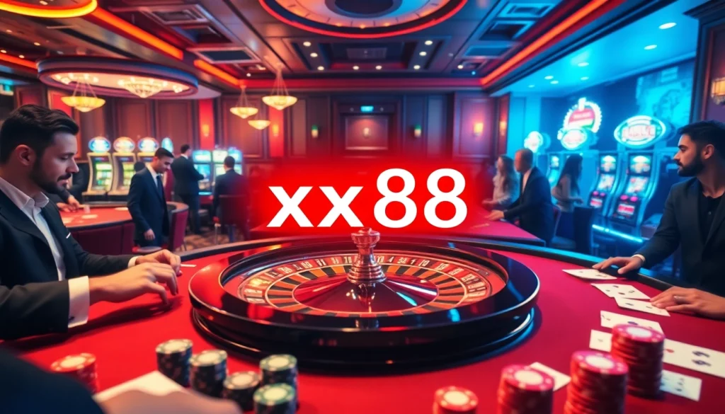 Experience the thrill of xx88 with players enjoying games at a luxurious casino, highlighting roulette and poker.