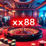 Experience the thrill of xx88 with players enjoying games at a luxurious casino, highlighting roulette and poker.