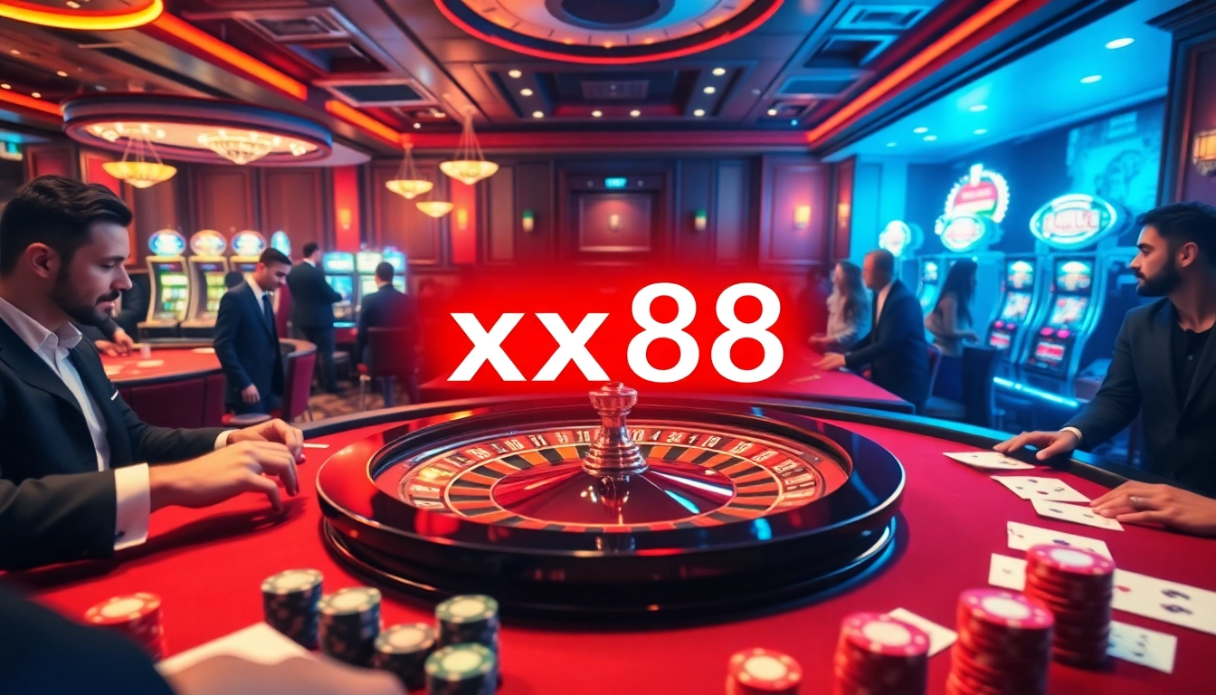 Experience the thrill of xx88 with players enjoying games at a luxurious casino, highlighting roulette and poker.