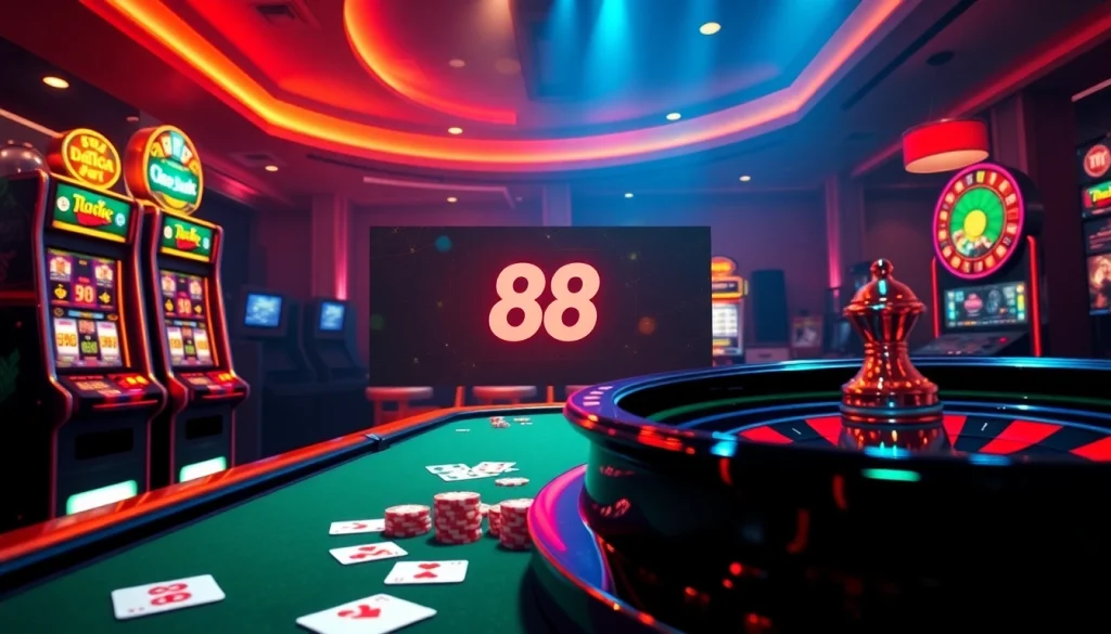 Experience the electrifying world of online gaming with BJ 88, featuring vibrant slot machines, poker tables, and roulette wheels.