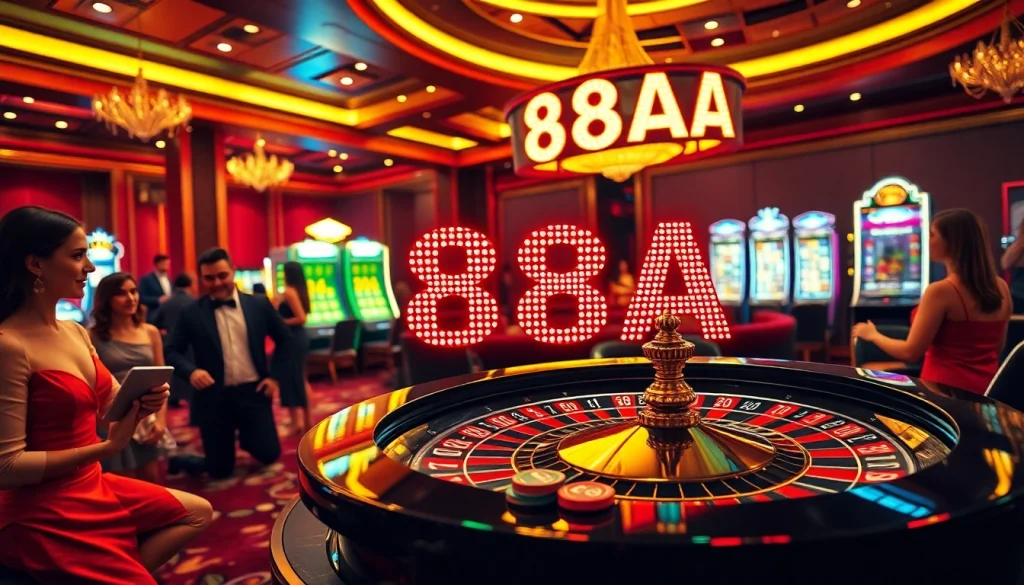 Experience the thrill of winning at 88AA with players at an exciting roulette table in a vibrant casino setting.