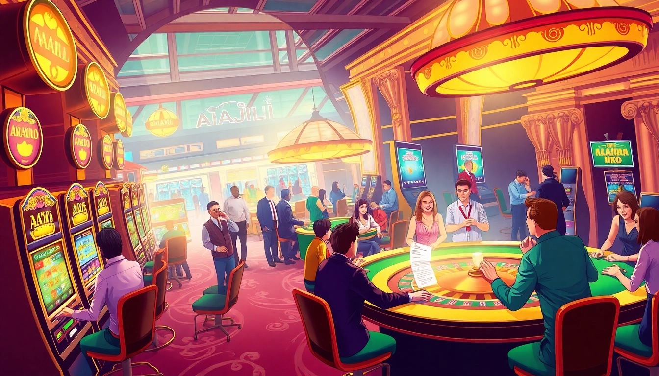 Experience the thrill of AAAJILI Casino with players at vibrant slot machines and tables.