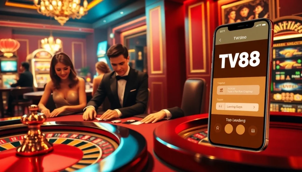 TV88 captures the electrifying atmosphere of a casino, showcasing poker players and a dynamic roulette wheel in an immersive gambling scene.