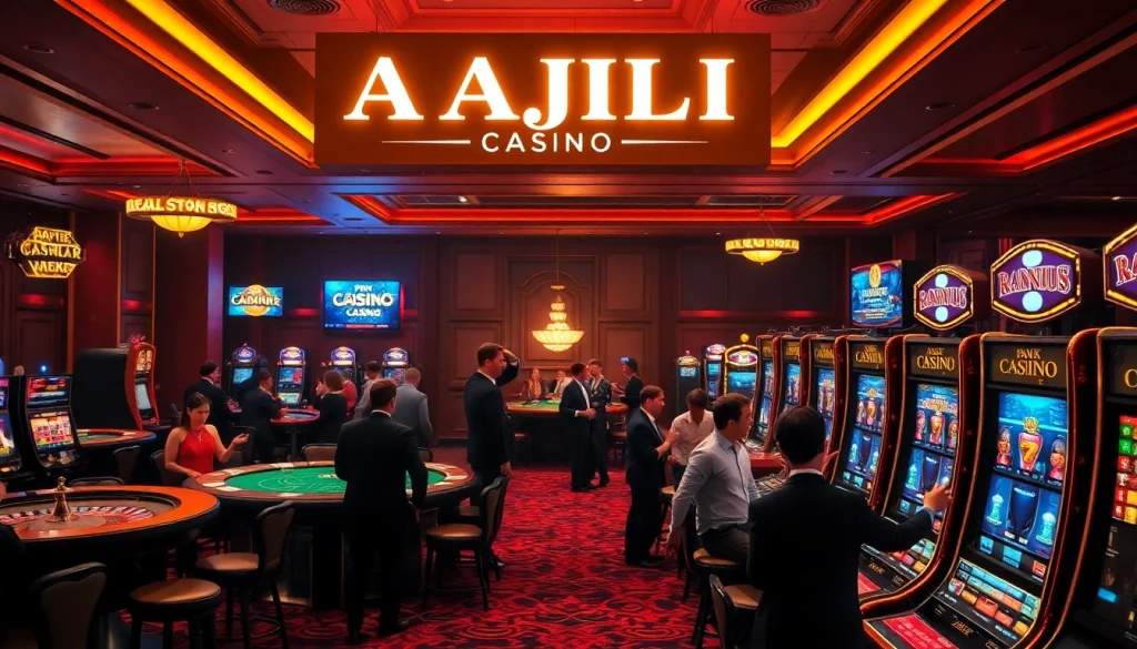 AAAJILI Casino patrons celebrate a slot machine win amidst a vibrant gaming atmosphere.