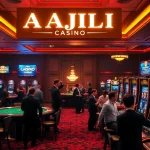 AAAJILI Casino patrons celebrate a slot machine win amidst a vibrant gaming atmosphere.