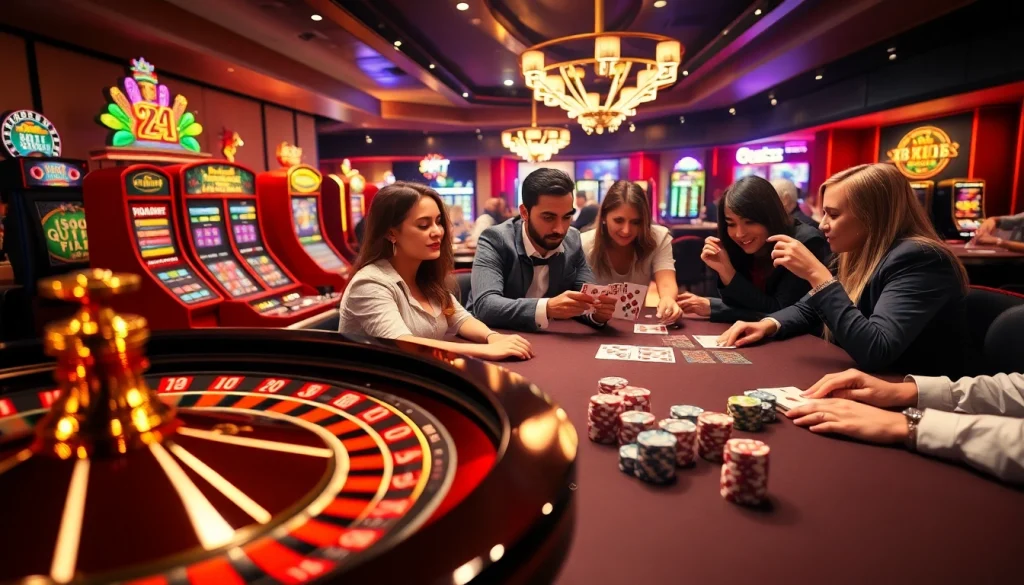 8XBET casino experience with players at a poker table and roulette wheel.