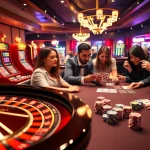 8XBET casino experience with players at a poker table and roulette wheel.