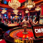 Experience the excitement of cm88 at a modern casino with players at a roulette table and slots.