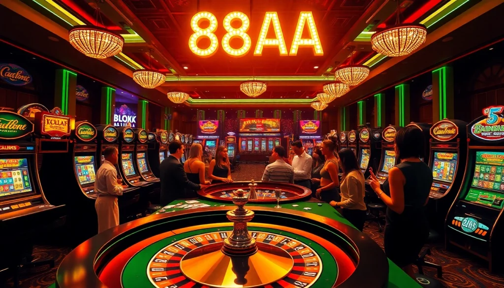 88AA casino scene showcasing players at roulette tables with vibrant slot machines.
