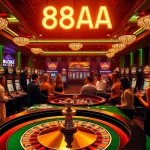 88AA casino scene showcasing players at roulette tables with vibrant slot machines.