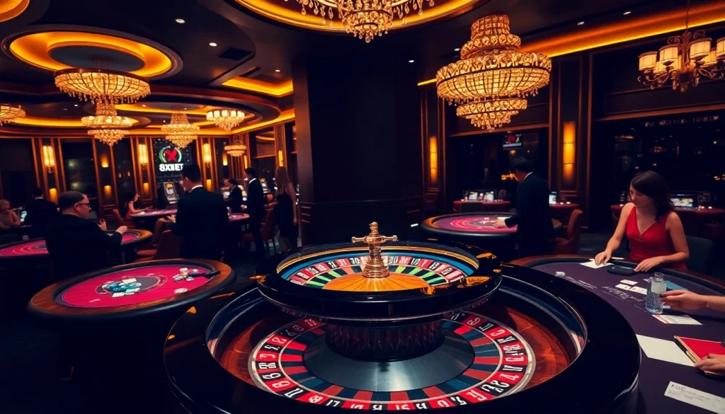 Players enjoying an electrifying game at the 8XBET casino, with vibrant roulette and poker action.