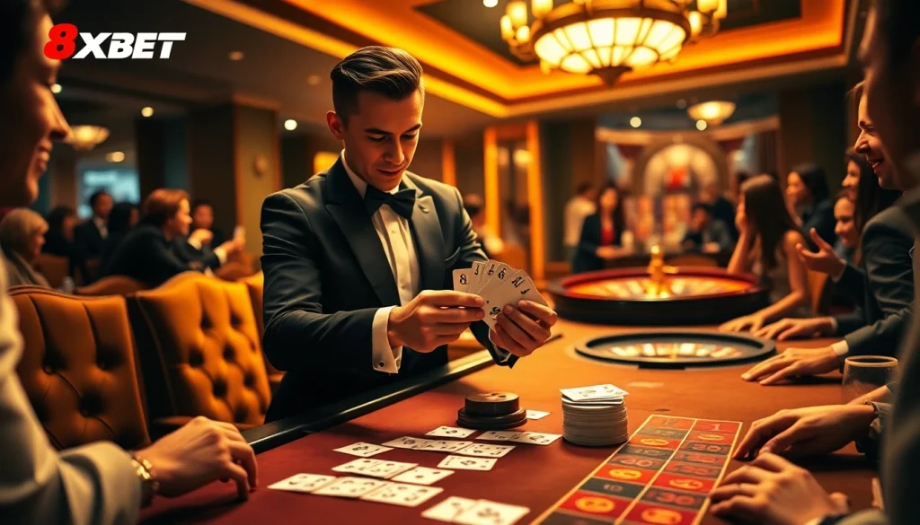 Players engaging in high-stakes action at Nhà Cái 8XBET's premier gambling tables, featuring an elegant casino ambiance.